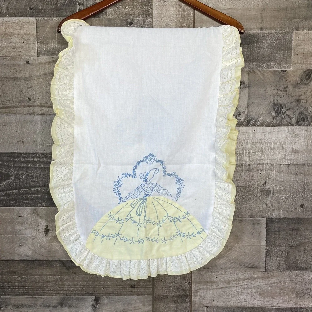 Vtg Hand Embroidered Table Runner Floral Pastel Lady Cottagecore Lace Trim